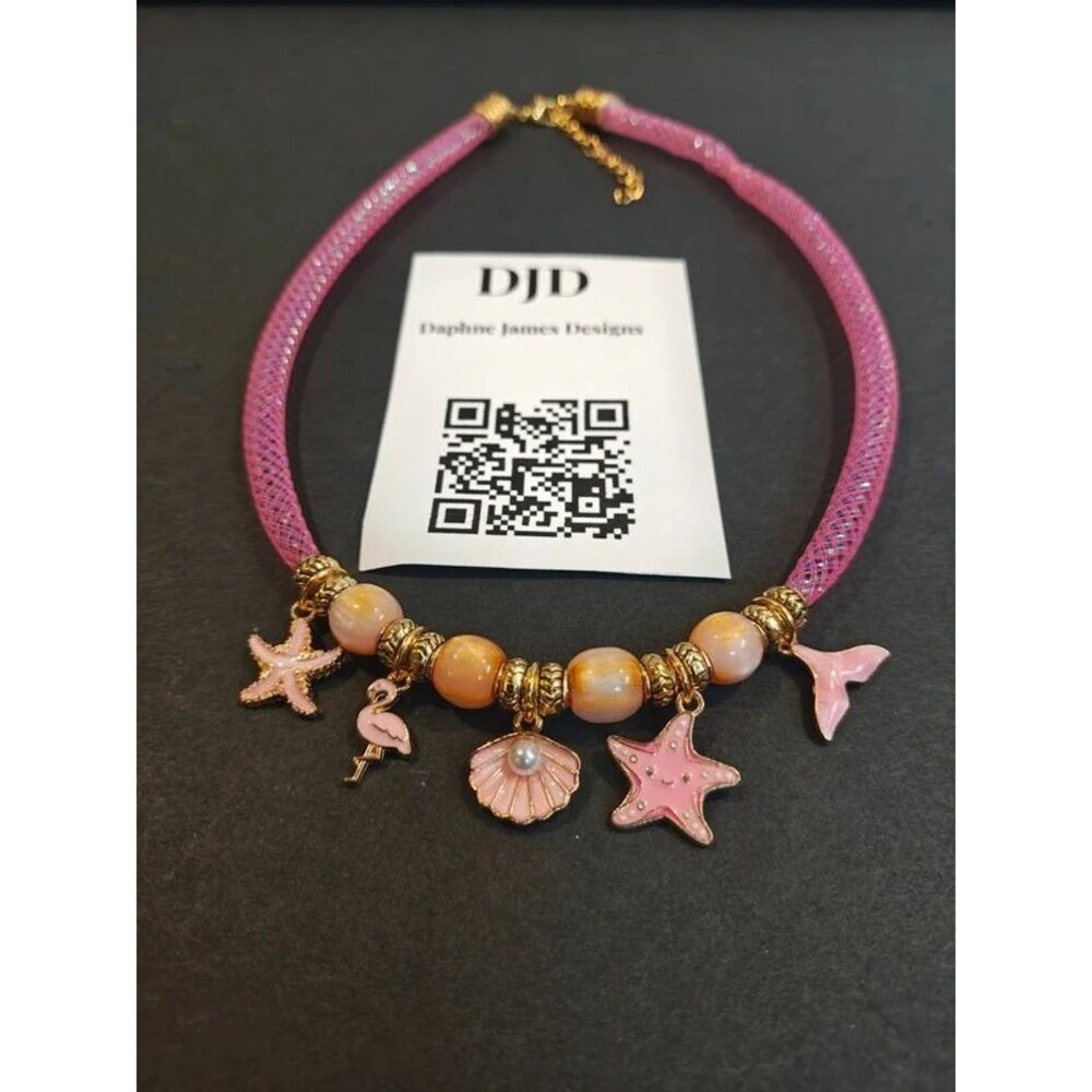 Handmade Pink Mesh Tube Choker Necklace | Ocean Shell & Starfish Charms